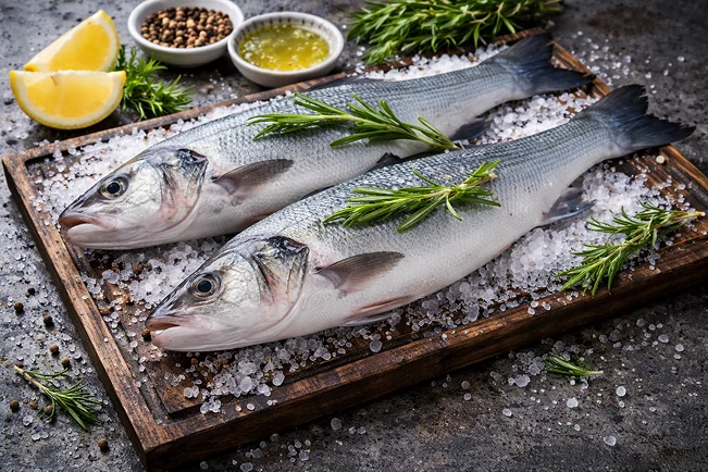 Deux bars entiers et frais avec du romarin et du gros sel sur une planche en bois, avec du citron et des épices à proximité.