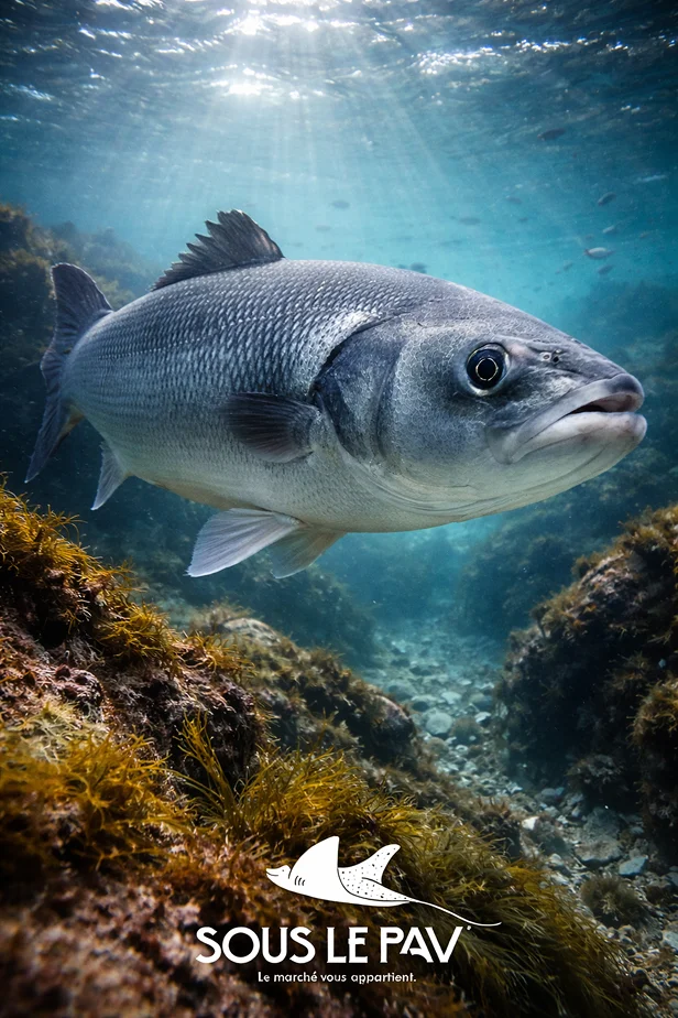 Une prise de vue sous-marine en gros plan d’un bar européen, avec la lumière du soleil filtrant à travers l’eau depuis la surface.