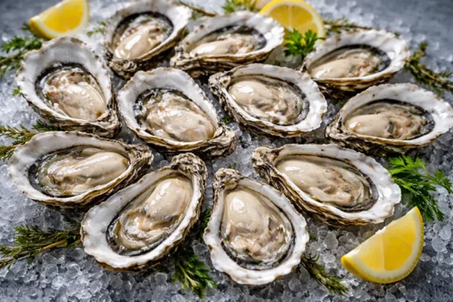 Une vue en gros plan de dix huîtres fraîches ouvertes, disposées sur un lit de glace pilée avec des quartiers de citron et des herbes.