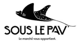 Logo "Sous Le Pav" en texte blanc avec un graphique stylisé de raie manta au-dessus, sur un fond noir.