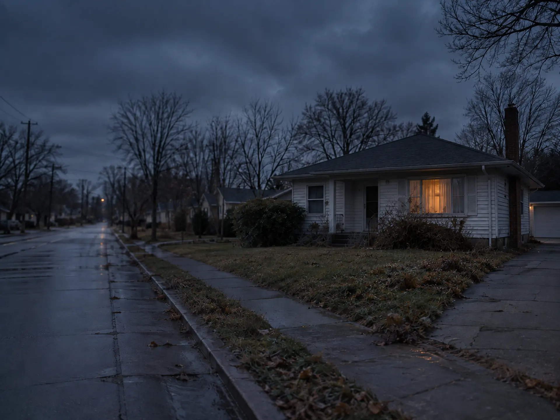 Older single-story house at dusk on a quiet Midwest street, the kind of property motivated sellers list with cash home buyers