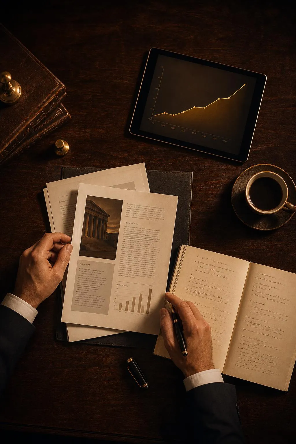 Mesa de despacho vista cenital con documentos de estrategia, gráfico de crecimiento y notas