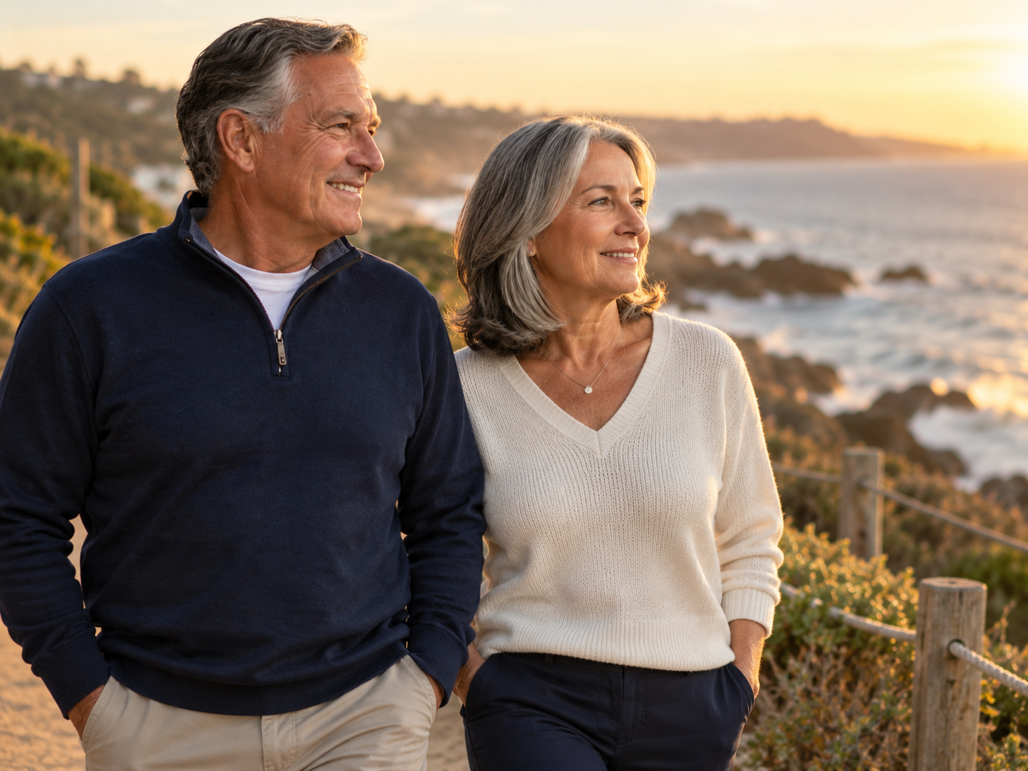 Retired couple walking on a coastal path at sunset