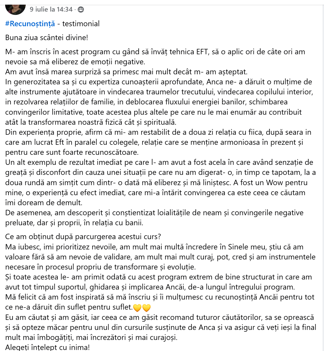Mărturie participantă eliberare emoțională