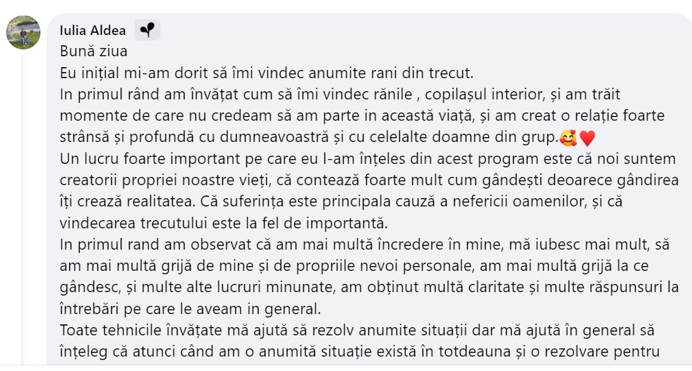 Mărturie participantă program EFT