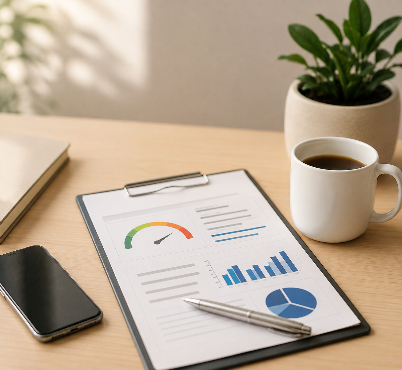 Credit report review on a desk