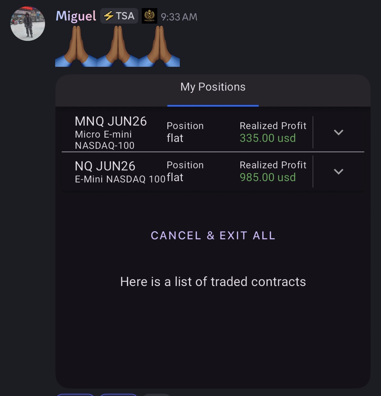Futures positions, realized profits