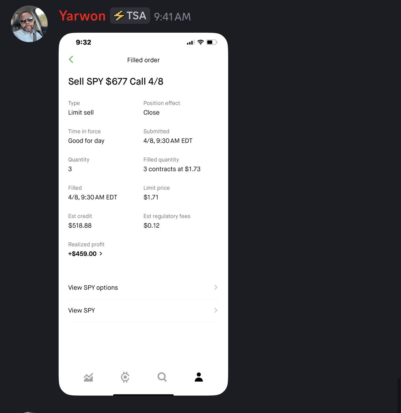 SPY filled order, realized profit