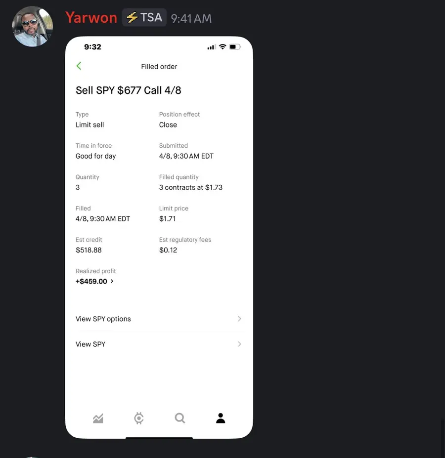 SPY filled order, realized profit