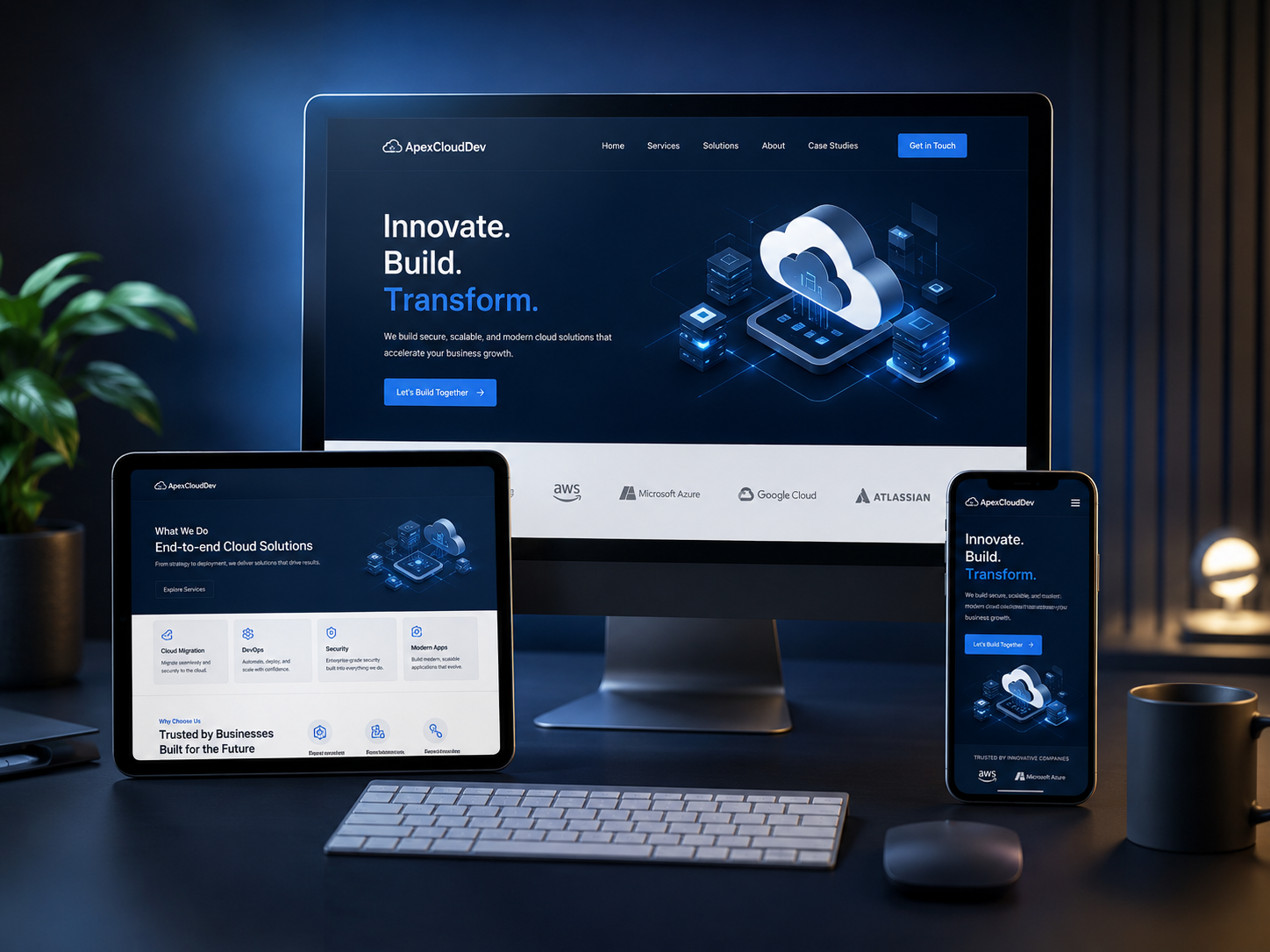 Apex Cloud responsive website displayed on desktop, tablet, and mobile devices