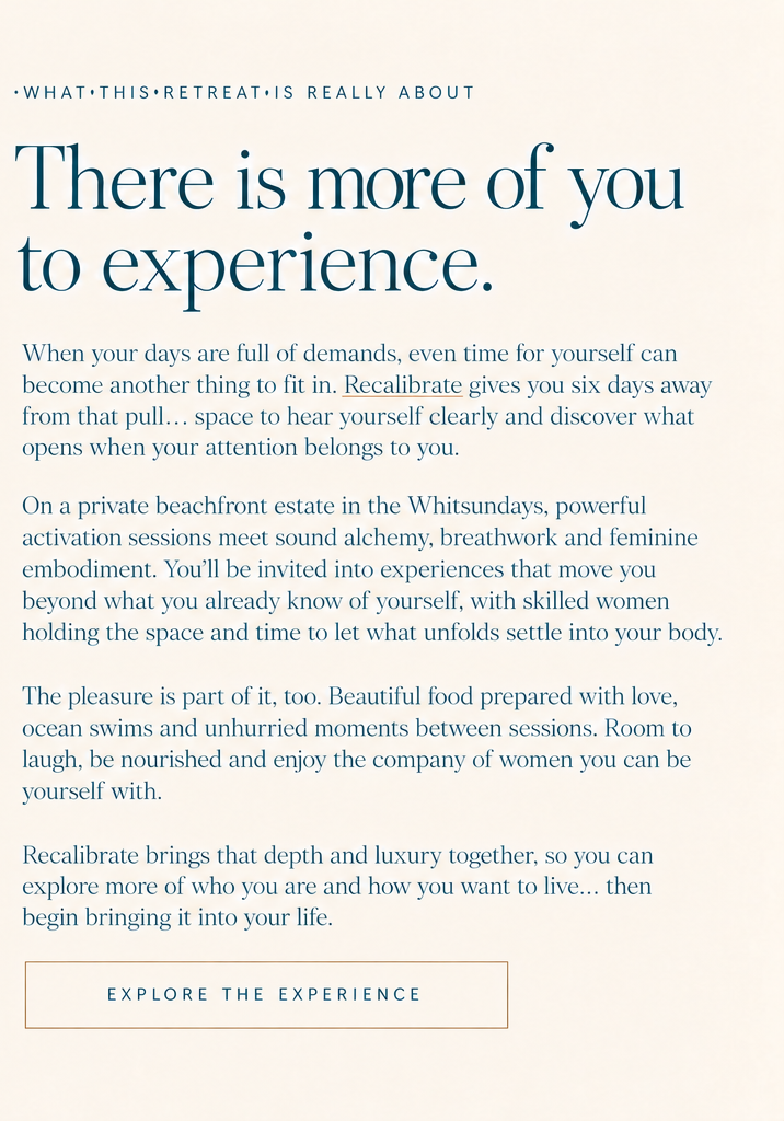 What this retreat is really about. There is more of you to experience. Recalibrate brings depth and luxury together on a private beachfront estate in the Whitsundays.