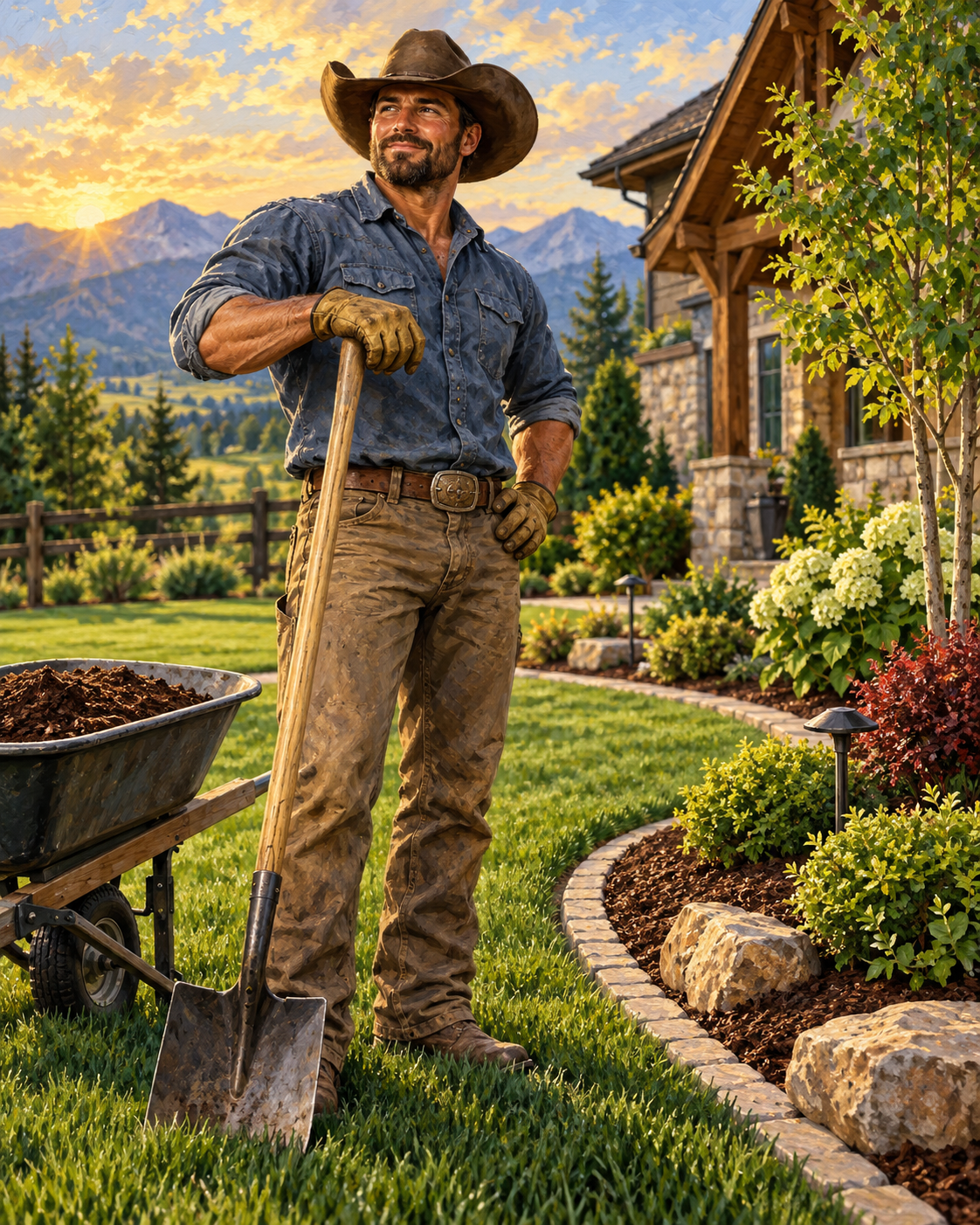 Cowboy landscaper at mountain sunset near Himrod, NY 14842 on Seneca Lake