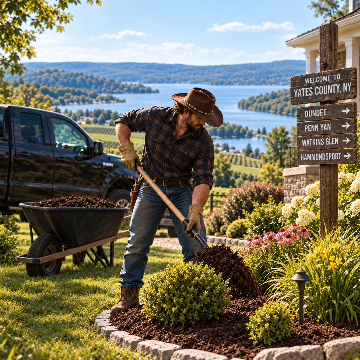 Cowboy landscaper mulching a Yates County property