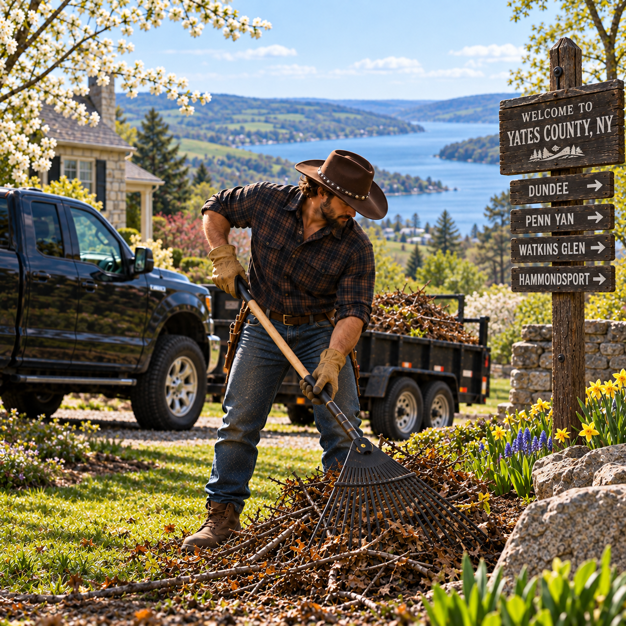 Spring cleanup, cowboy landscaper, Yates County