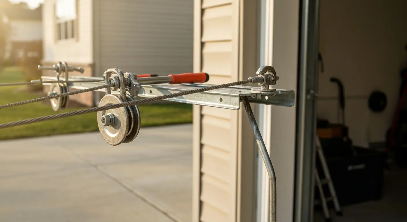 Close-up garage door spring and cable work
