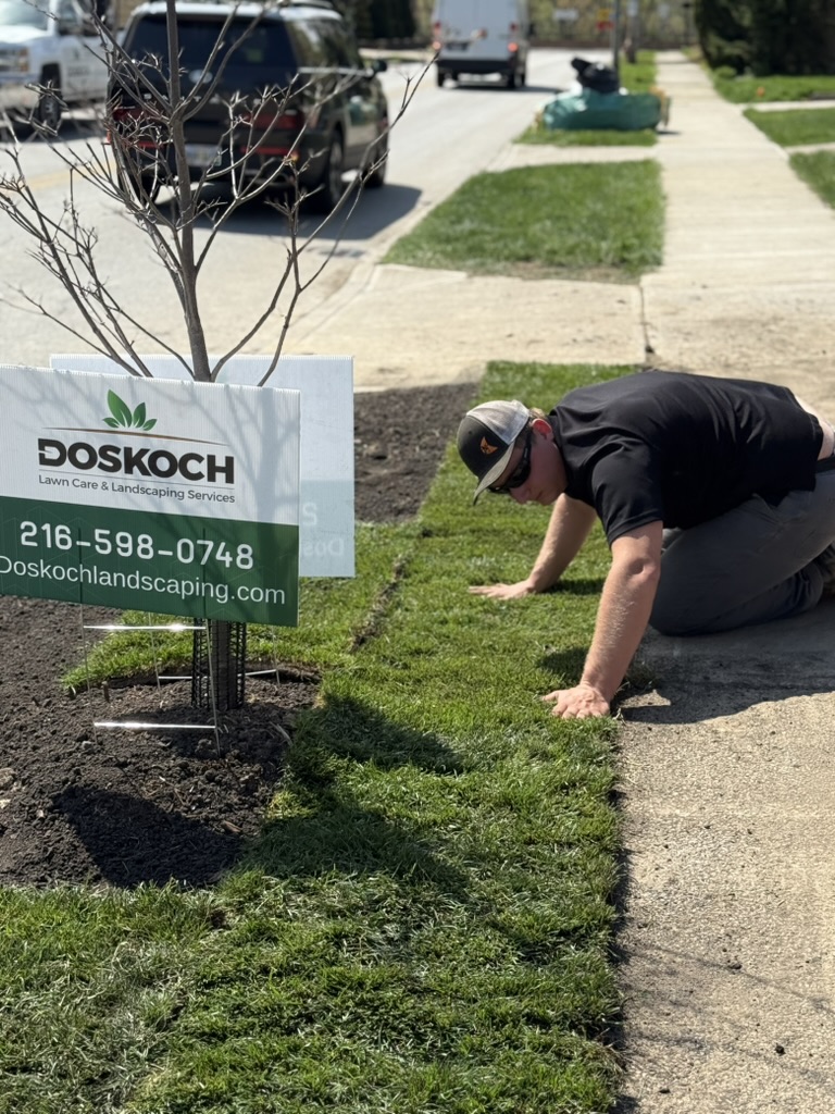 Doskoch crew member checking newly laid turf next to a Doskoch yard sign
