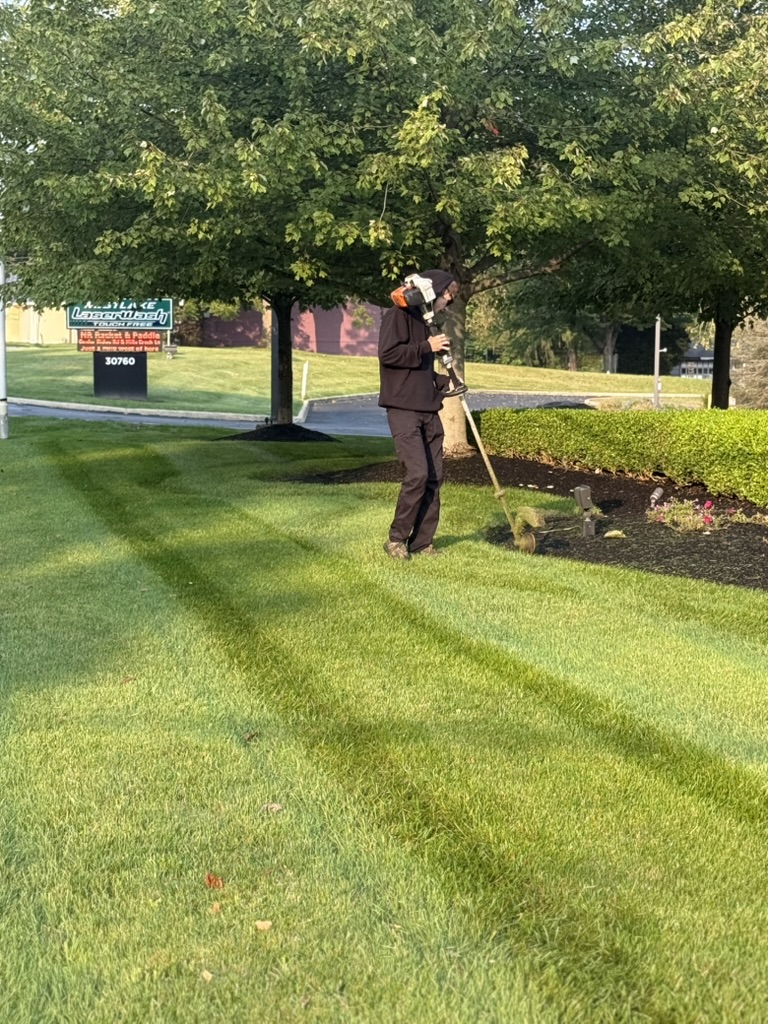 Crew member edging a freshly mowed lawn
