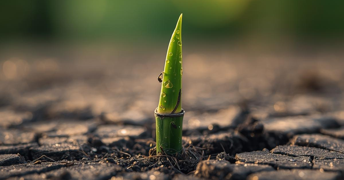 Green bamboo shoot piercing through cracked dry ground with morning dew, symbolizing breakthrough after months of invisible work building a business