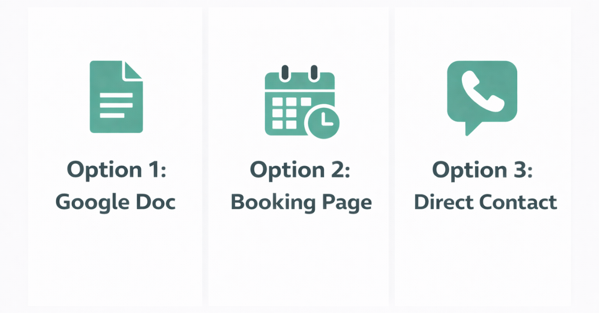 Three alternatives to a website for coaches and consultants — Google Doc, booking page, or direct contact