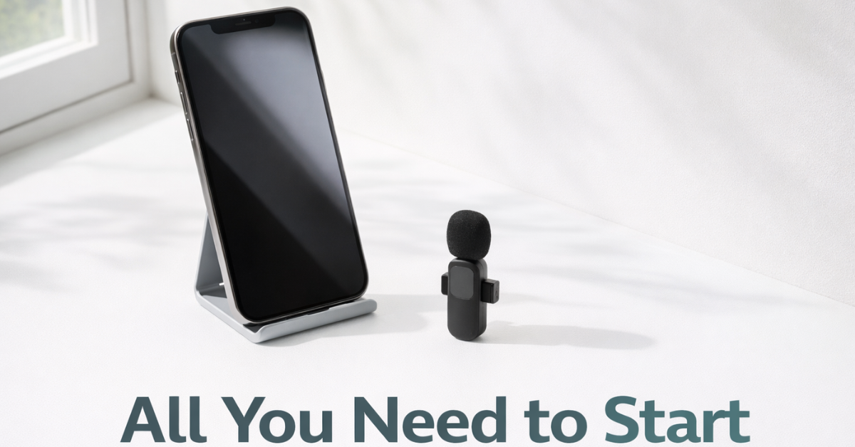 Minimal video equipment setup for coaches — iPhone, lavalier mic, phone stand, and natural light