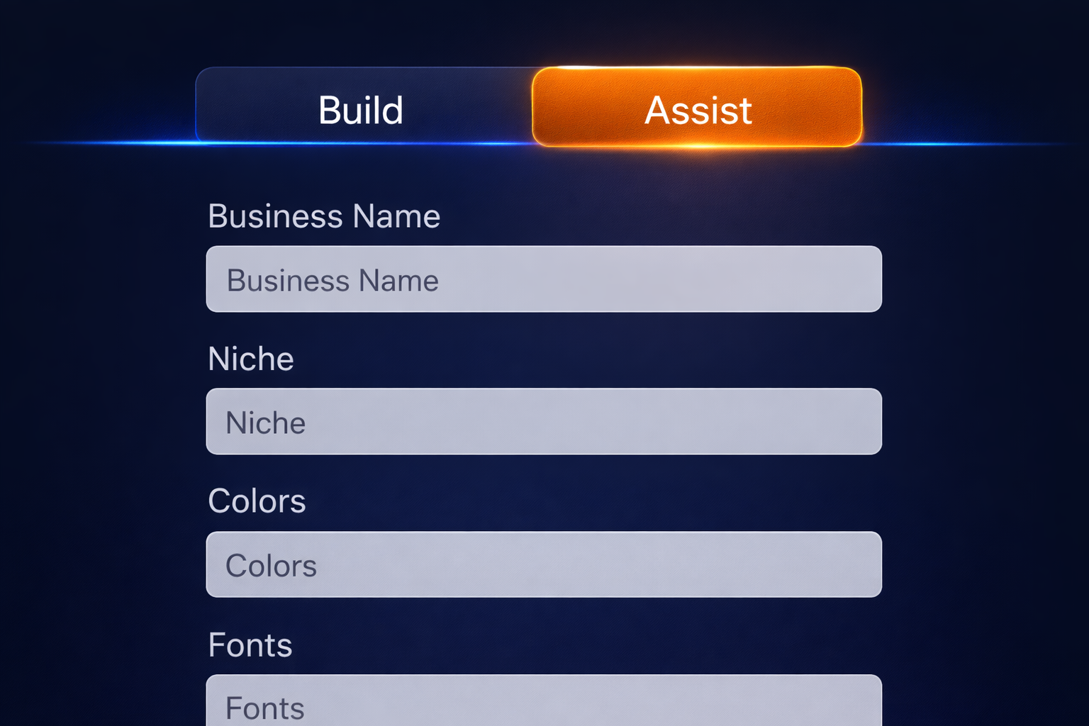 AI website builder Assist mode walkthrough — answering brand questions before building ensures correct colors fonts and niche content