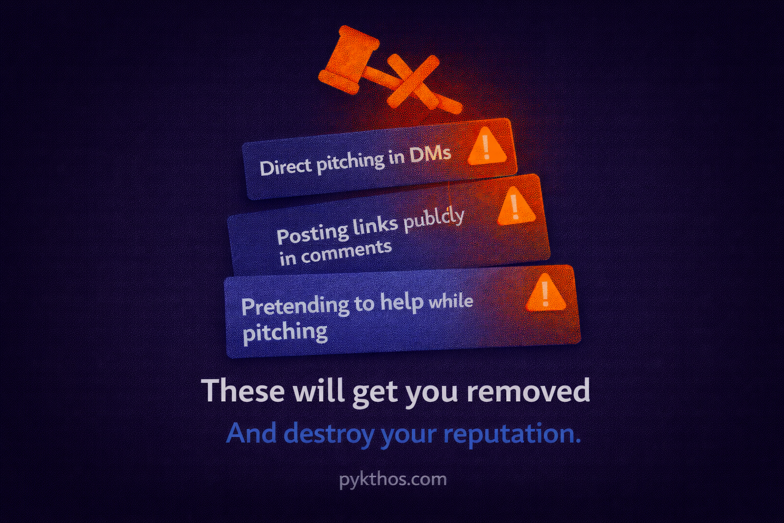 Three things that will get you banned from Facebook groups — direct DM pitching posting links publicly and fake helpfulness while selling Three things that will get you banned from Facebook groups — direct DM pitching posting links publicly and fake helpfulness while selling