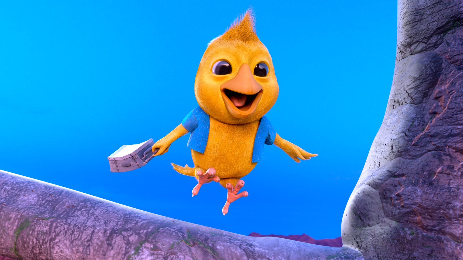 Canarinho voando com a malinha de viagem