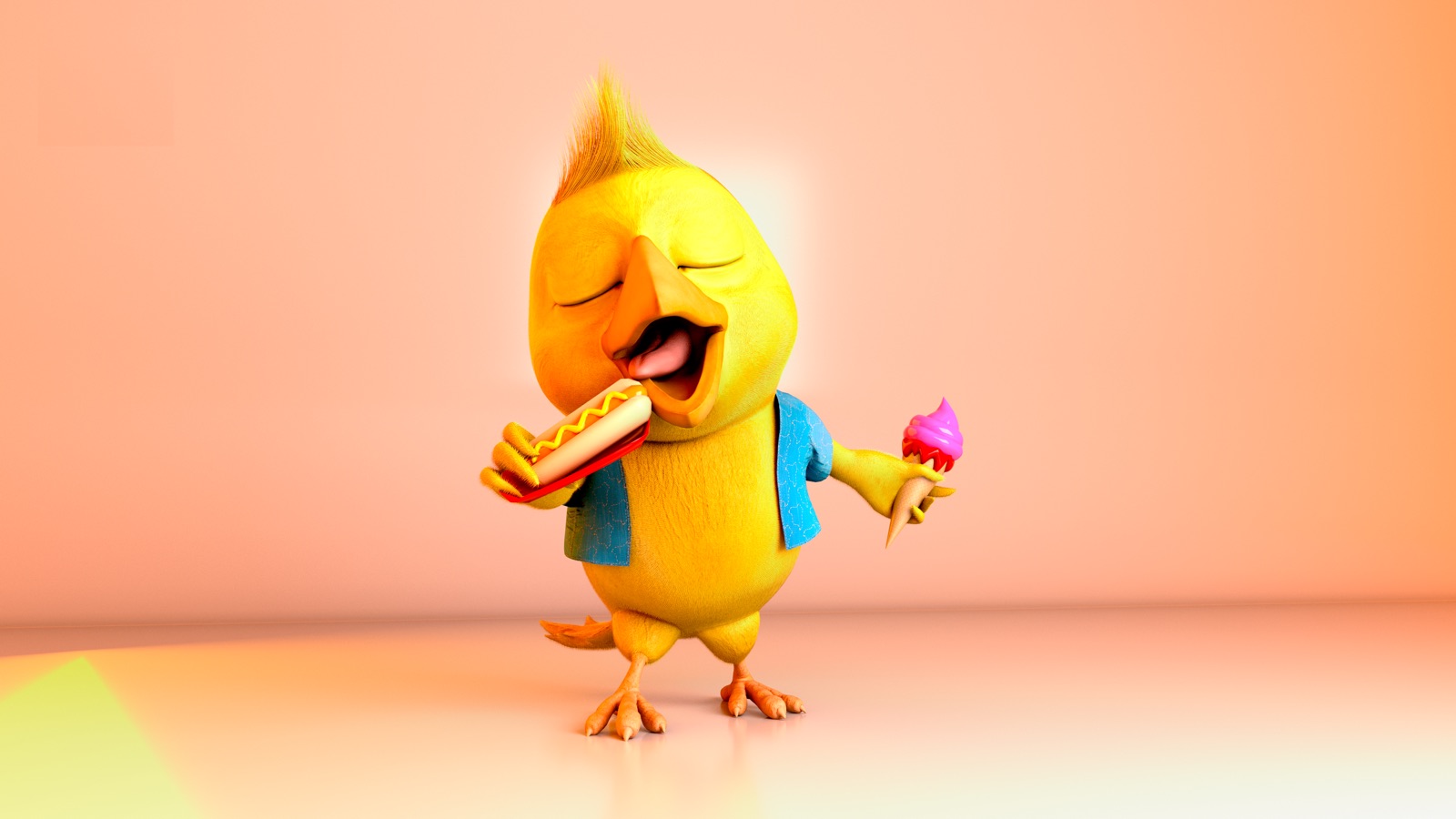 Canarinho comendo cachorro-quente e sorvete