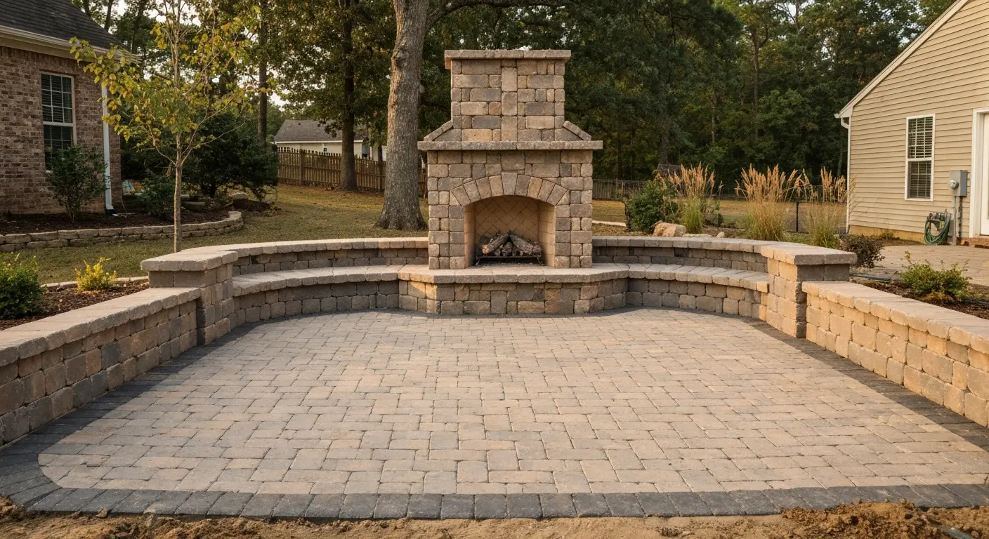 Stone fire feature with seating area