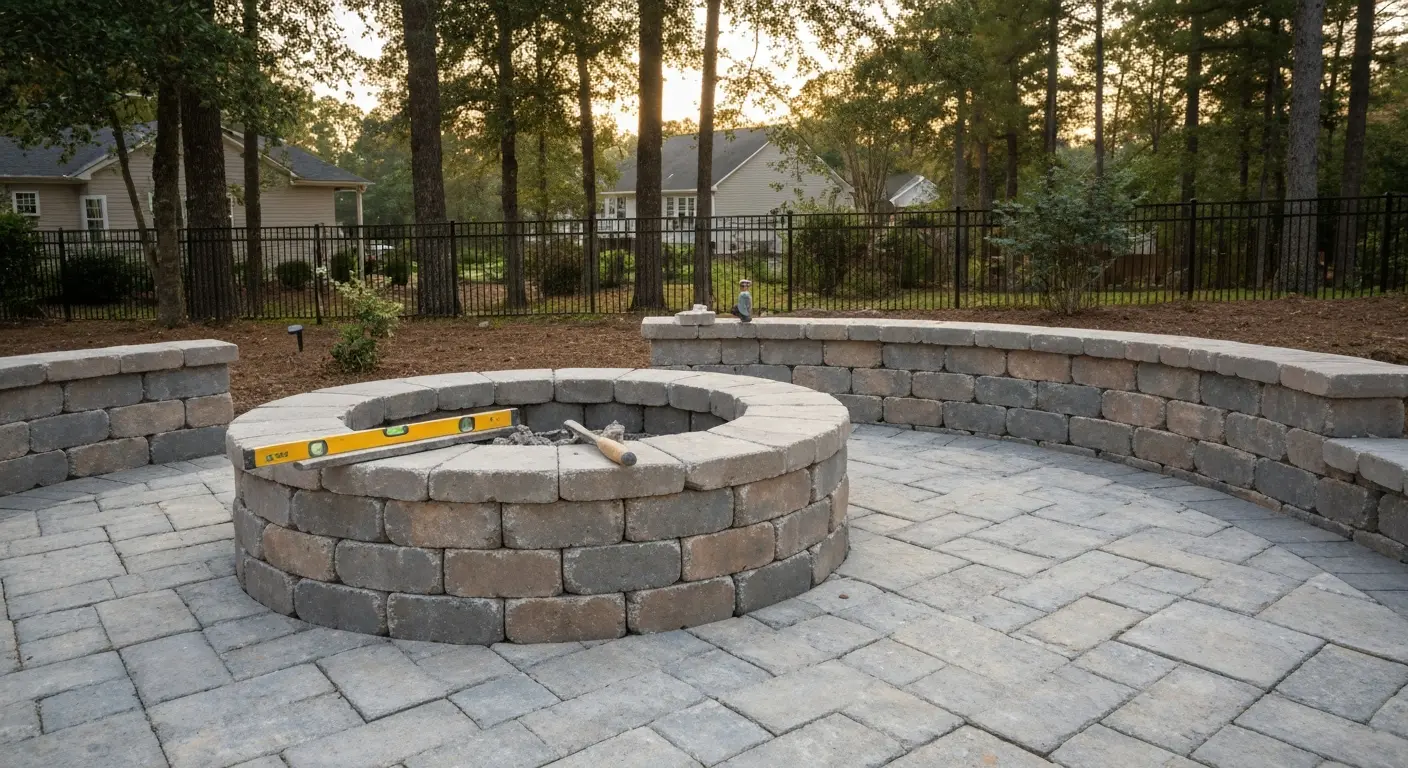 Outdoor fire pit and stone features