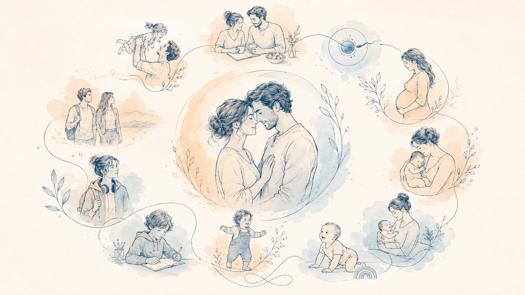 Aquarell-Illustration: Lebensphasen einer Familie im ZUKUNFTSKIND Universum