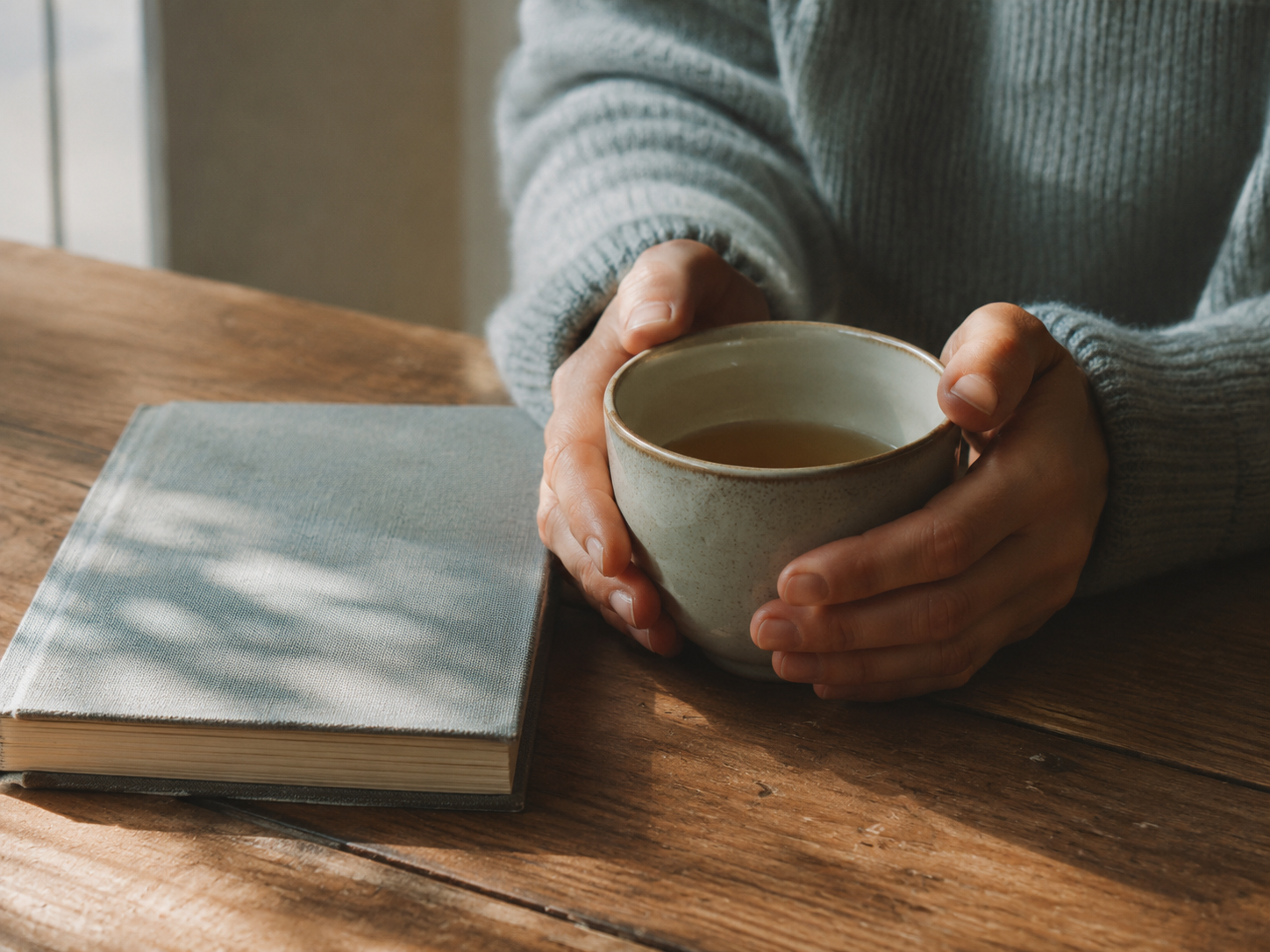 Hände an einer Teetasse neben Notizbuch, ruhiger Moment zur Stressreduktion bei Kinderwunsch Hände an einer Teetasse neben Notizbuch, ruhiger Moment zur Stressreduktion bei Kinderwunsch