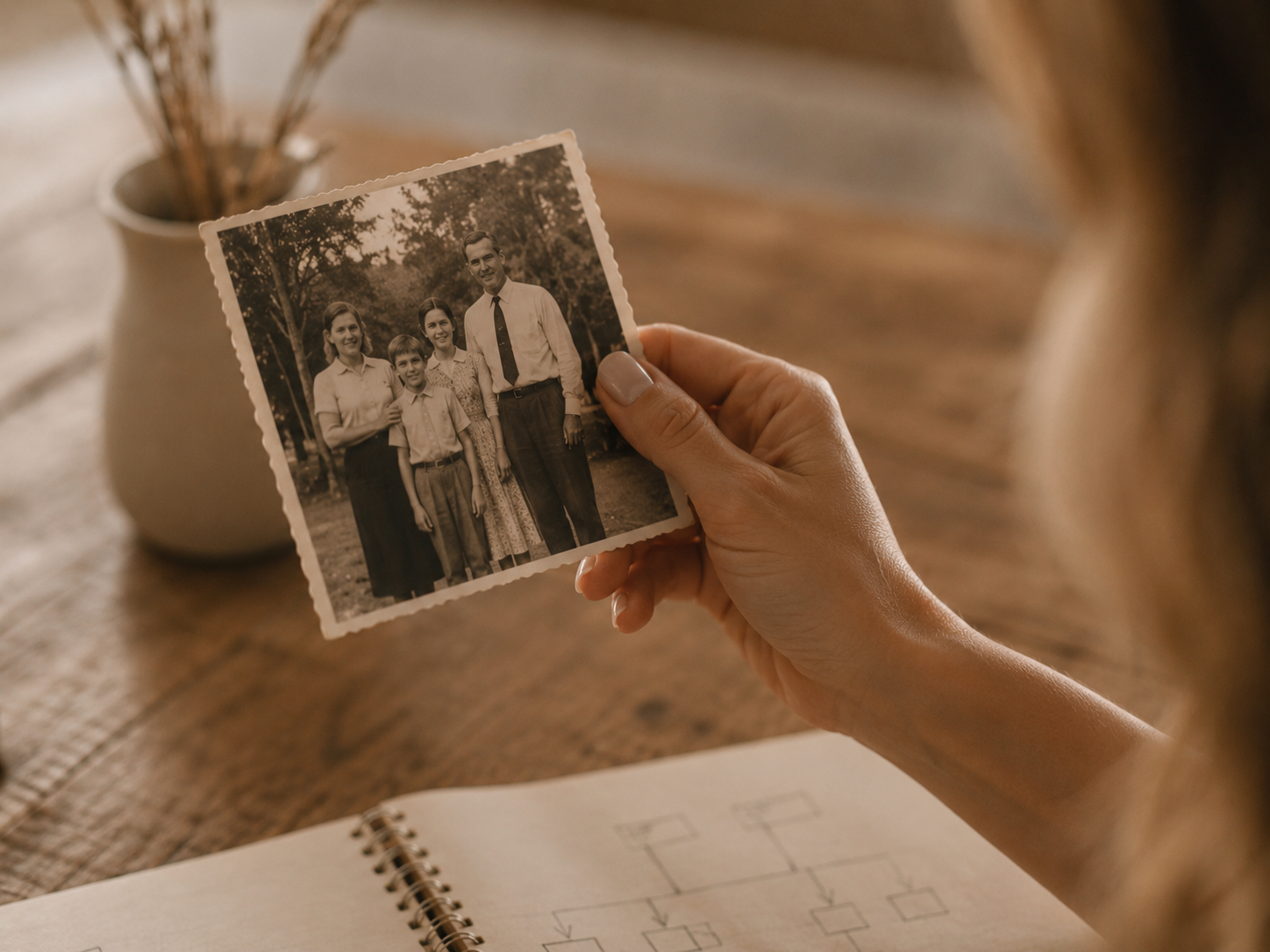 Hand hält Familienfoto als Sinnbild für transgenerationale Vererbung über Generationen. Hand hält Familienfoto als Sinnbild für transgenerationale Vererbung über Generationen.