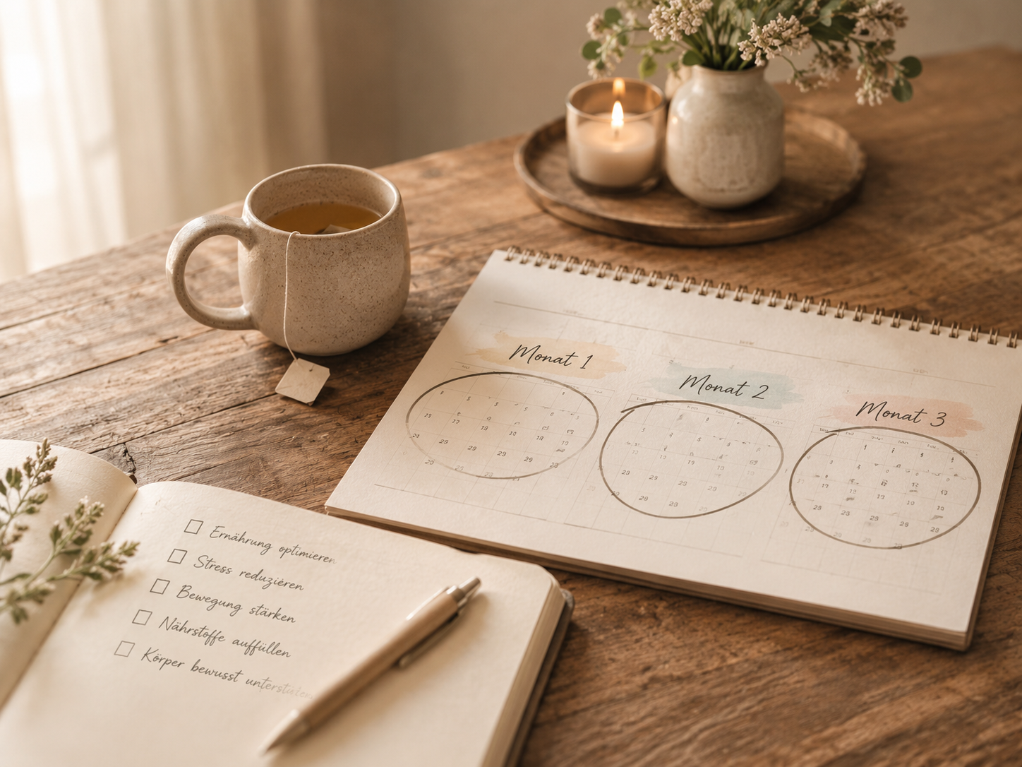 Tisch mit einem Kalender und einer Teetasse Tisch mit einem Kalender und einer Teetasse