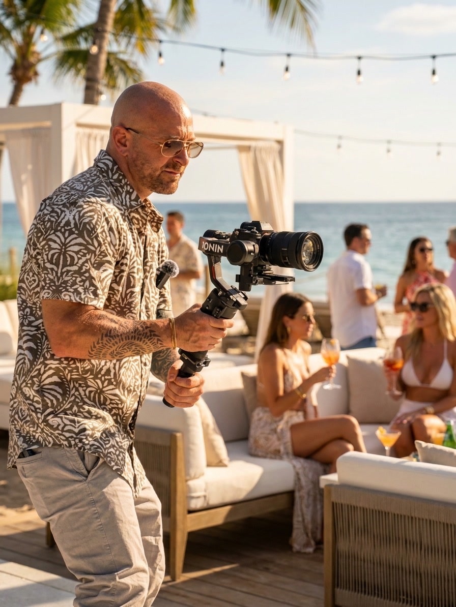 Jon Manzi filming on a gimbal at a beachfront event