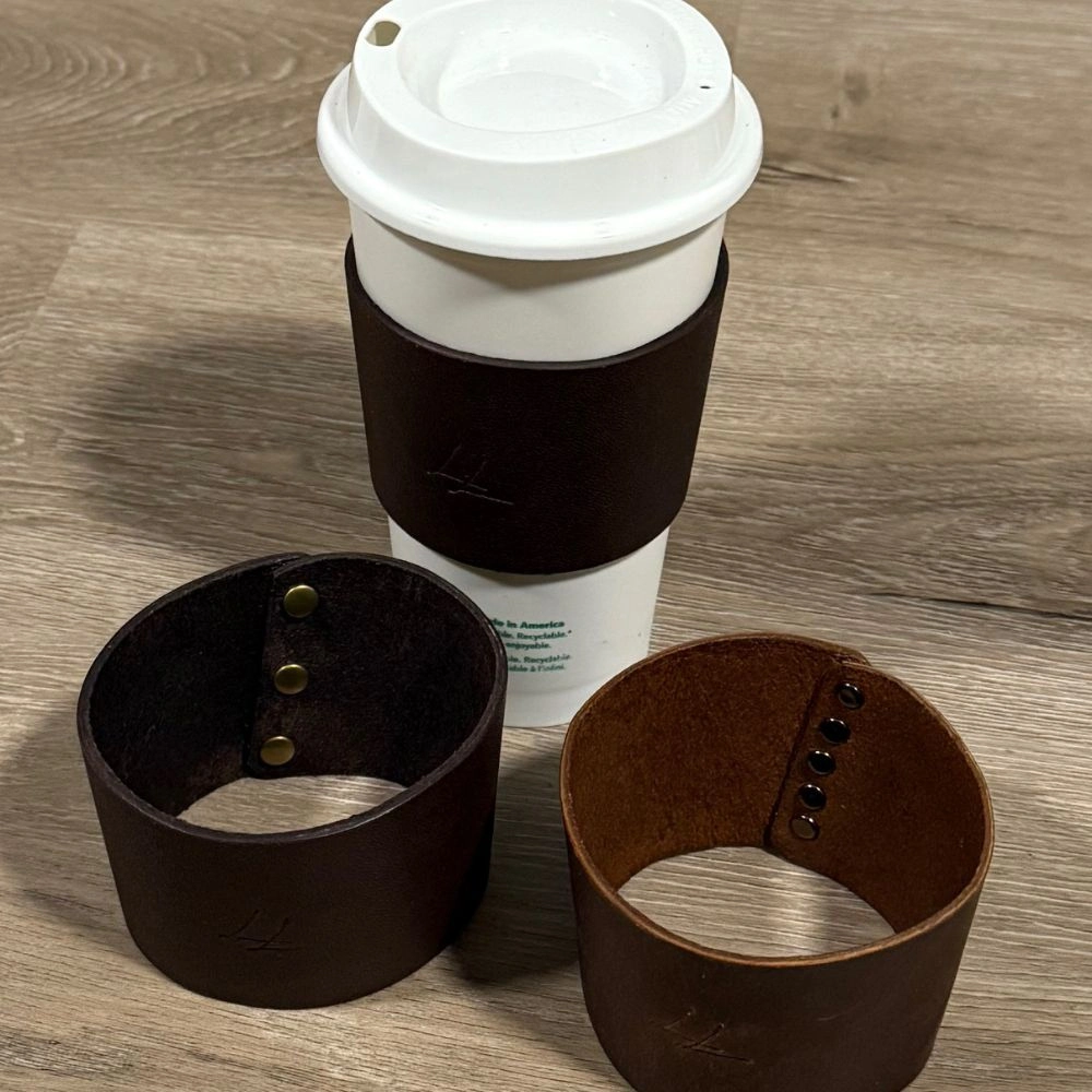leather coffee sleeves made by learns leather co of Amherstburg ontario
