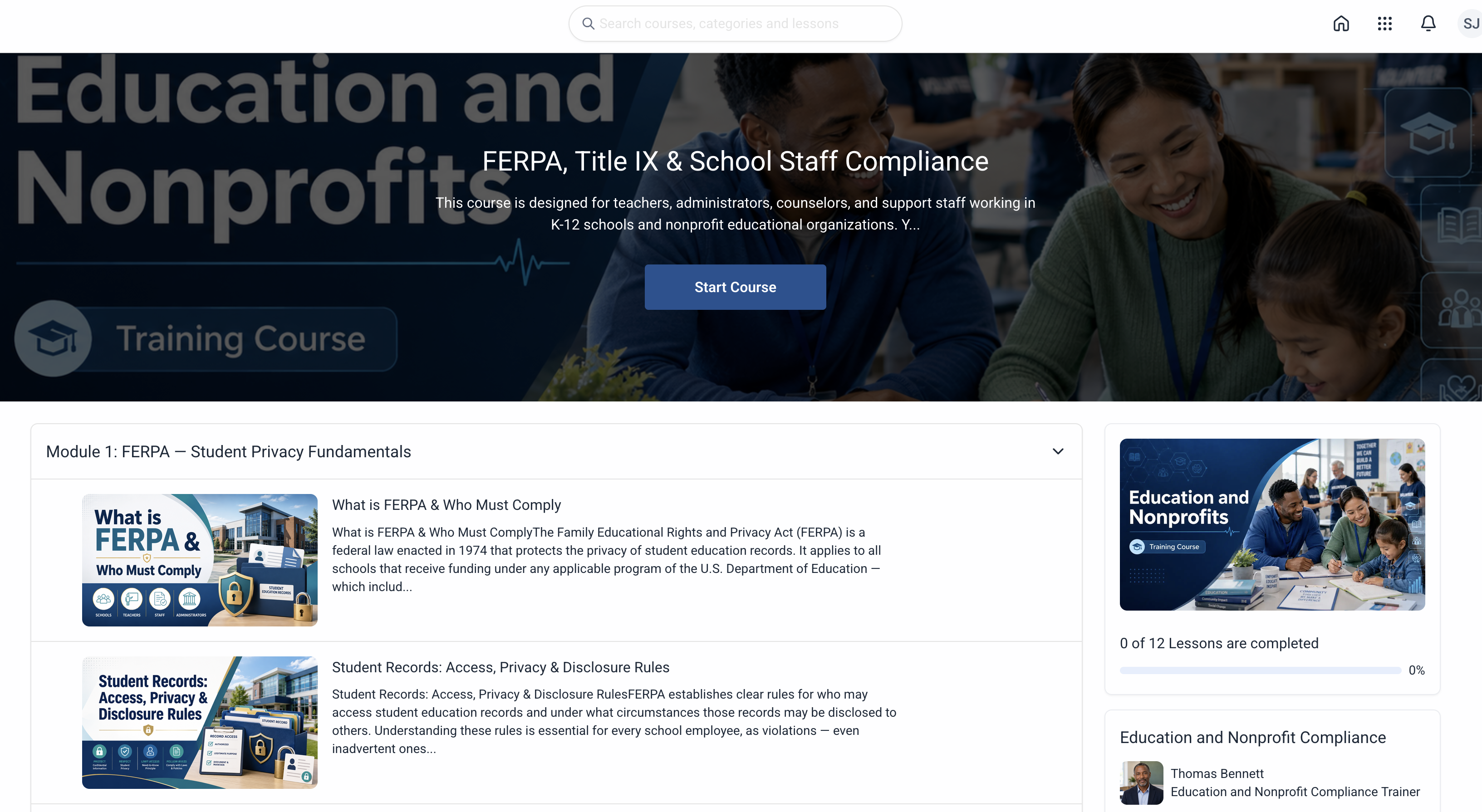 Detailed view of course modules and staff/volunteer progress tracking in the ComplianceVideo.com portal