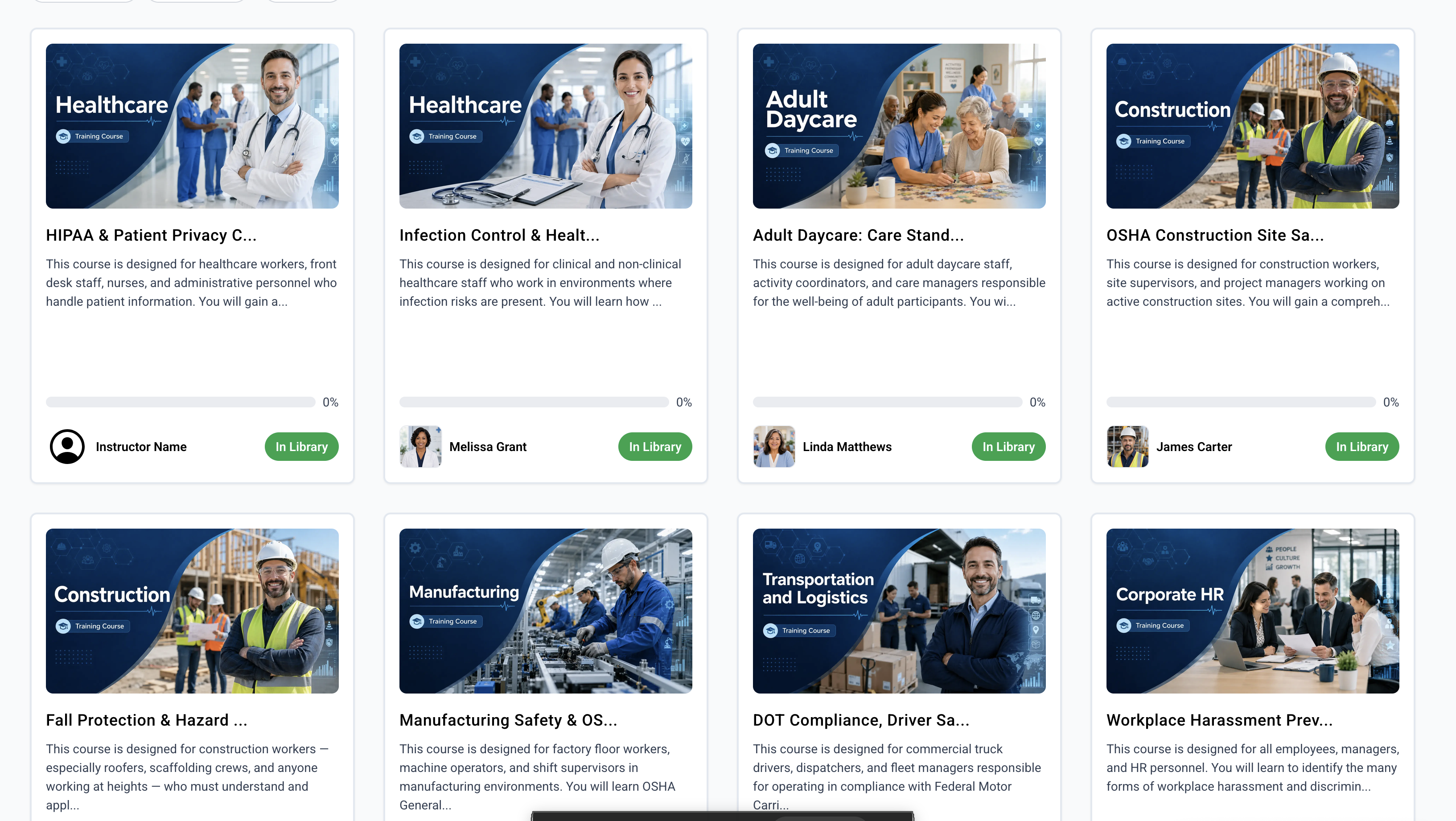 ComplianceVideo.com course library dashboard showing available education and nonprofit training modules