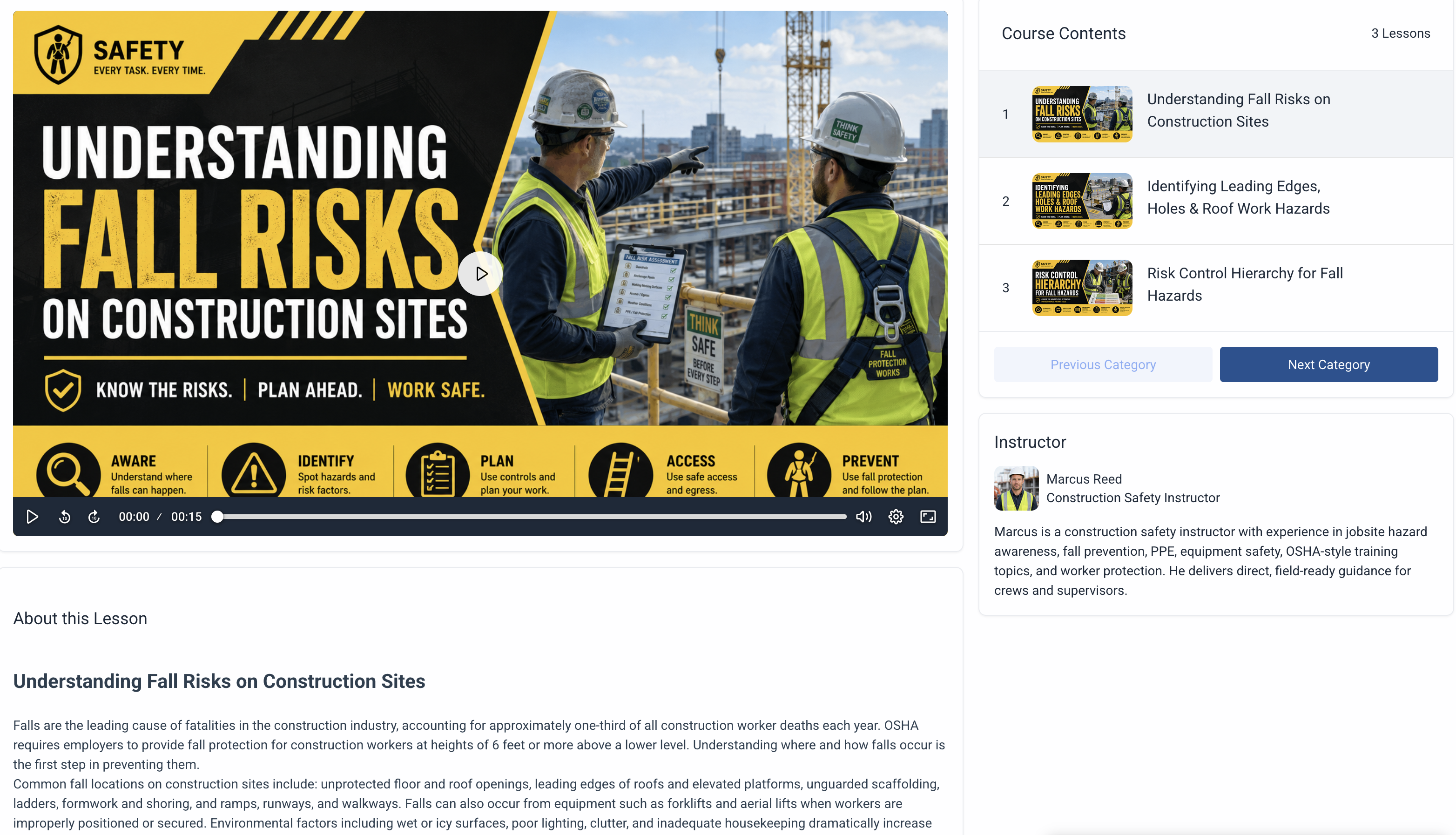 ComplianceVideo.com training video player showing a construction safety course in progress