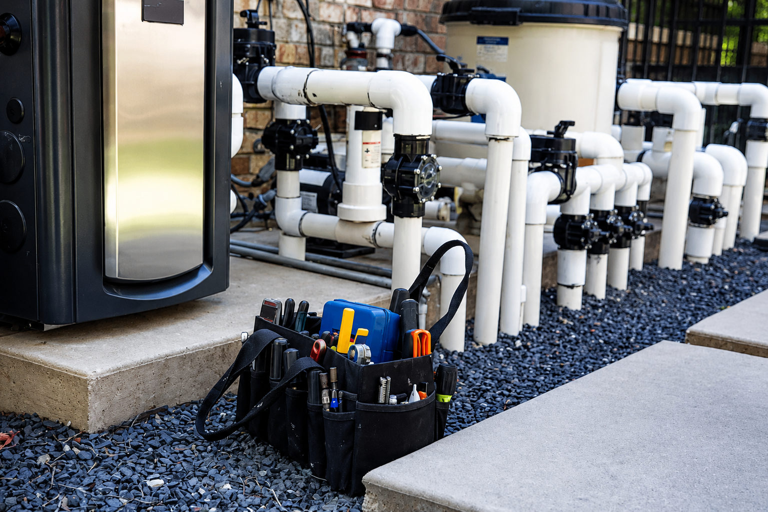 Pool equipment installation in Haslet, TX with new pump, filter, and heater on equipment pad