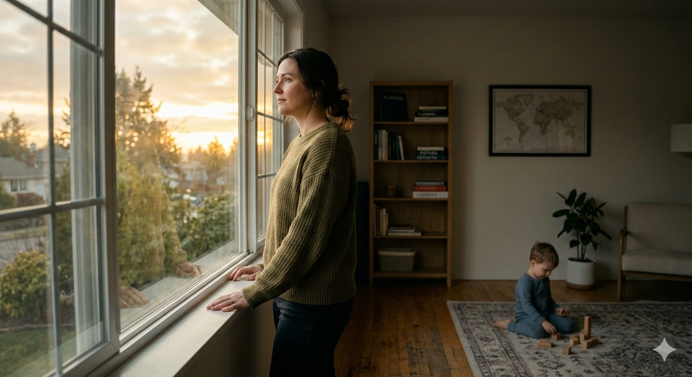 A thoughtful parent standing by a window at sunrise, child playing softly in the background, calm and hopeful mood, soft golden light, cinematic composition, realistic photography, symbolizing responsibility and planning for the future, minimalistic style, muted colors