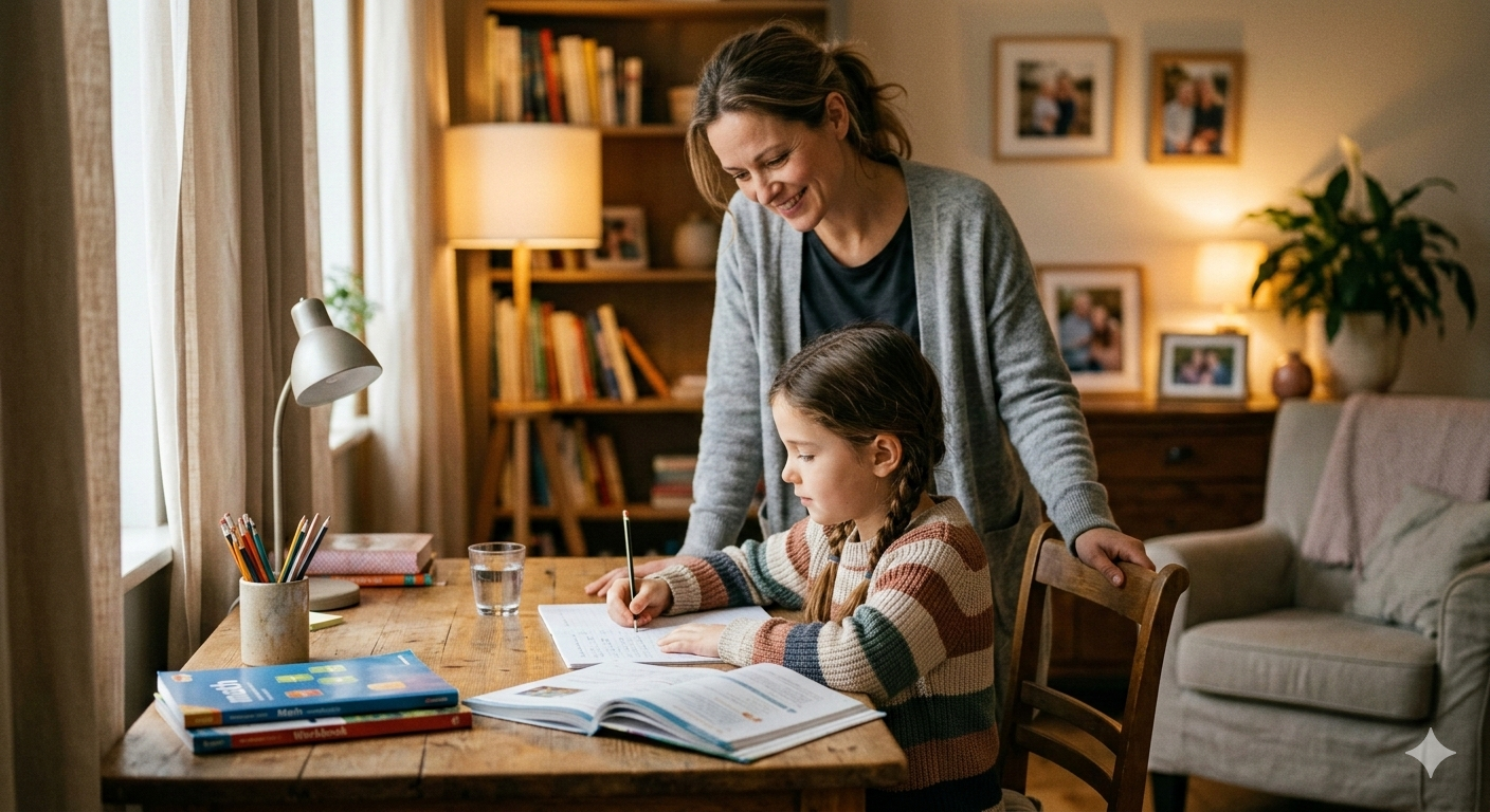 A child sitting at a desk doing homework while a parent watches proudly from behind, warm lighting, cozy home environment, realistic lifestyle photography, feeling of stability, security, and long-term planning, shallow depth of field, natural expressions