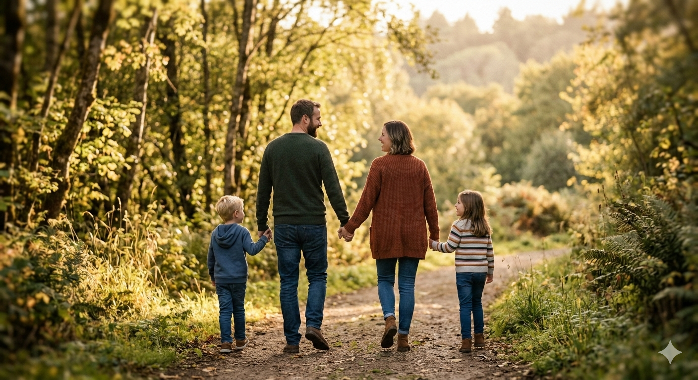 Conceptual image of a family walking together outdoors under soft sunlight, subtle protective atmosphere, gentle blur around the edges, symbolic sense of security and protection, realistic photography, cinematic tones, emotional but calm mood, no dramatic effects
