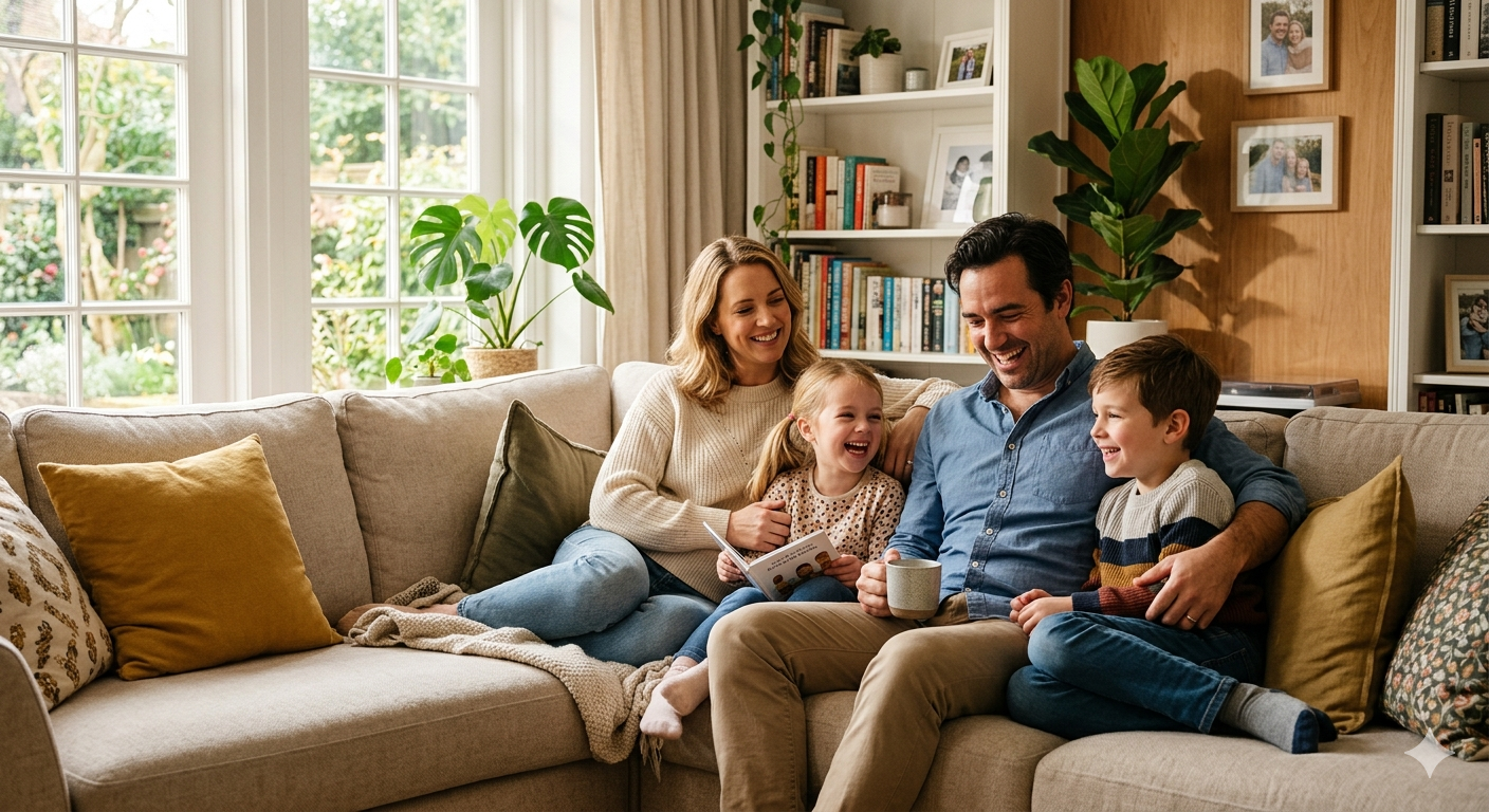 A happy family at home, smiling parents with two kids, warm sunlight coming through the window, feeling safe and protected, modern realistic style, high-resolution, bright and welcoming colors