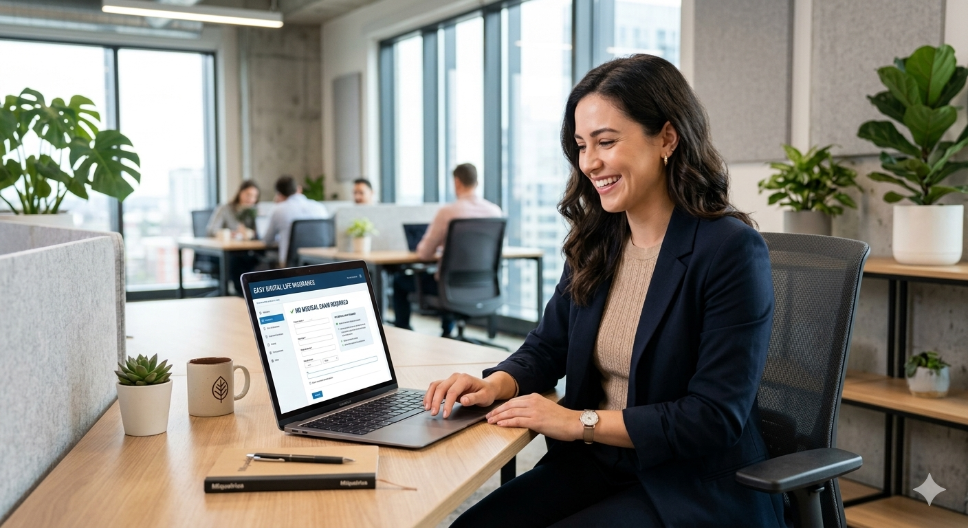A young professional sitting at a desk, happily filling out a digital life insurance application on a laptop, no medical exams required, modern office background, realistic style, clean and minimal aesthetic