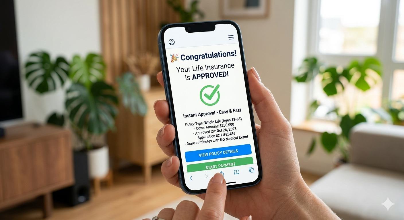 Close-up of a smartphone screen showing a simple life insurance approval, minimal interface, fast and easy application, realistic style, bright colors, professional and modern