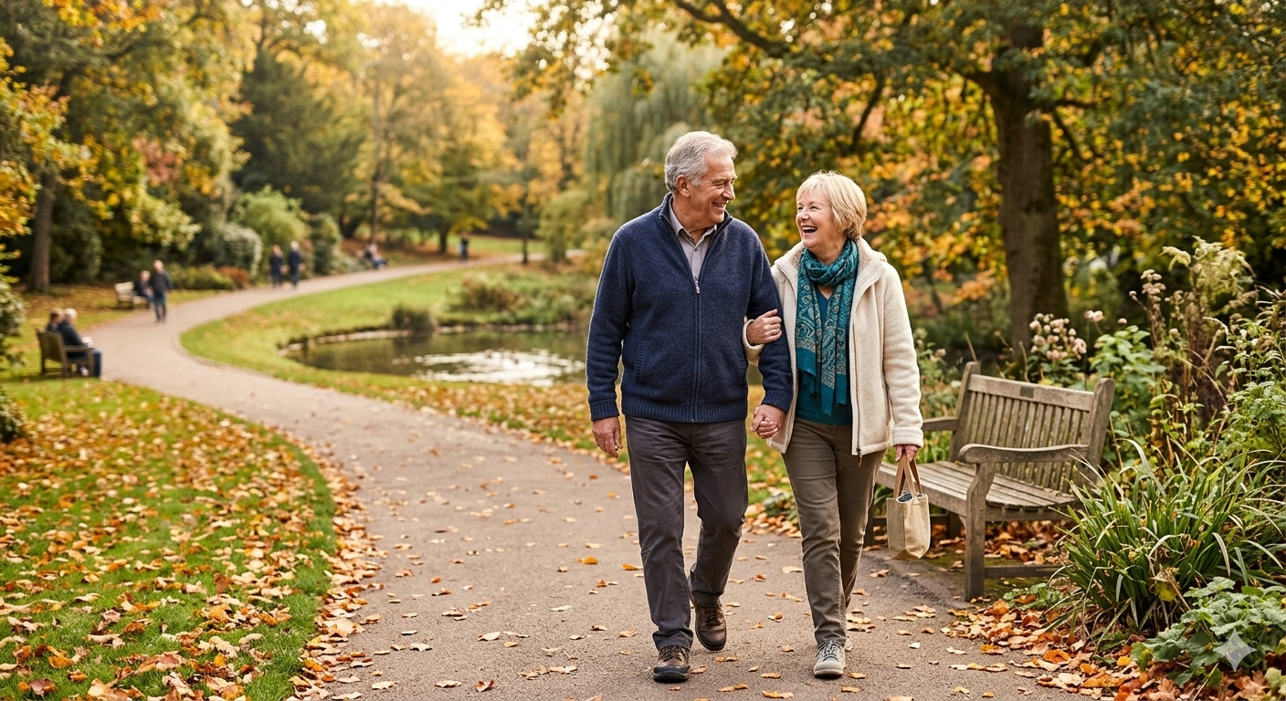 Smiling older couple enjoying a walk in a park, feeling secure and confident, representing life insurance without medical exams, realistic style, soft natural lighting, peaceful atmosphere