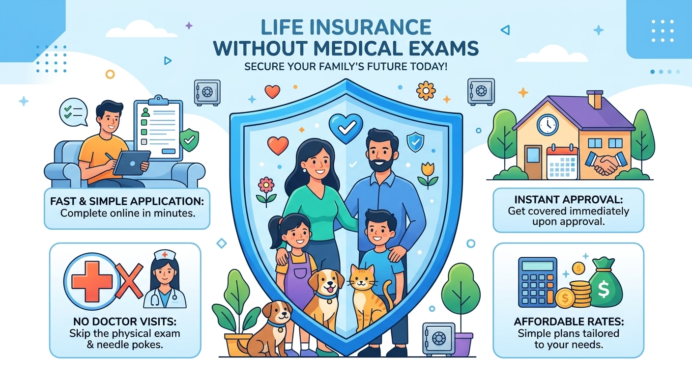 "Illustration of life insurance without medical exams, showing a shield protecting a family, simple infographic style, modern flat design, bright and friendly colors, clear and informative visual