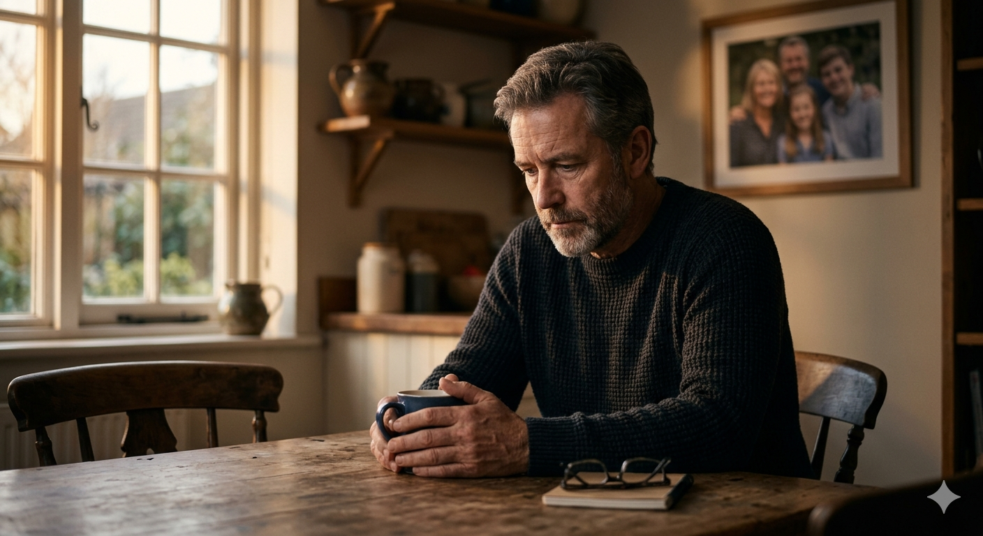 A thoughtful middle-aged man sitting alone at a kitchen table at sunrise, soft natural light coming through the window, looking down with a serious, reflective expression, a family photo slightly blurred in the background, cinematic lighting, shallow depth of field, ultra-realistic, emotional storytelling, 4k A thoughtful middle-aged man sitting alone at a kitchen table at sunrise, soft natural light coming through the window, looking down with a serious, reflective expression, a family photo slightly blurred in the background, cinematic lighting, shallow depth of field, ultra-realistic, emotional storytelling, 4k