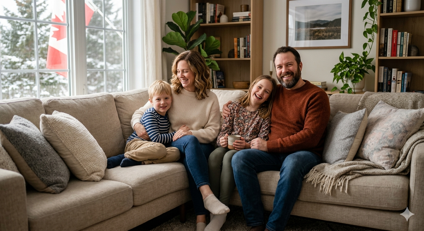 A happy Canadian family of four (parents and two children) sitting together on a cozy living room couch, warm natural light, smiling and relaxed, a sense of safety and comfort, modern home interior, soft tones, ultra-realistic photography, lifestyle image, 4k A happy Canadian family of four (parents and two children) sitting together on a cozy living room couch, warm natural light, smiling and relaxed, a sense of safety and comfort, modern home interior, soft tones, ultra-realistic photography, lifestyle image, 4k